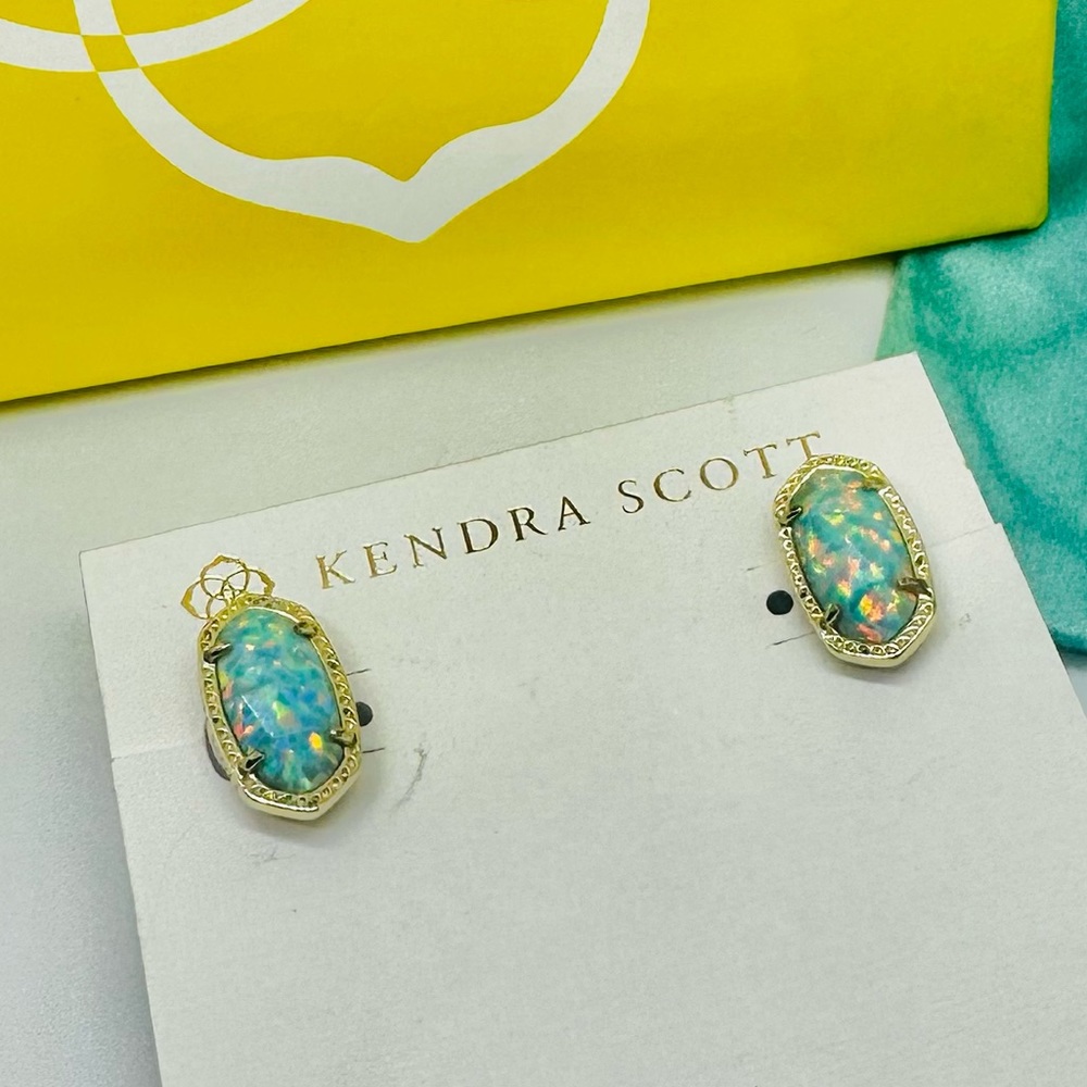 Rare Kendra Scott GOLD TONE AQUA OPAL ELLIE STUD EARRINGS
